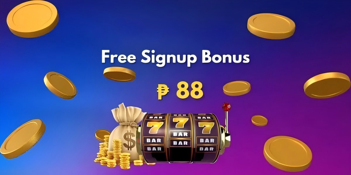 Signup bonus graphic with gold coins and slot reels
